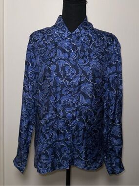 Studio A Navy Blue Baroque Paisley 100% Silk Long Sleeve Blouse